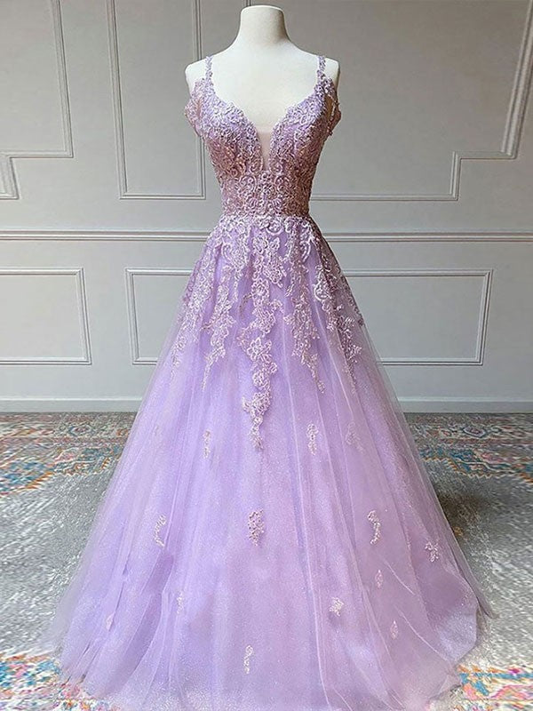 Wholesale A-Line/Princess Tulle Applique V-neck Sleeveless Sweep/Brush Train Dresses